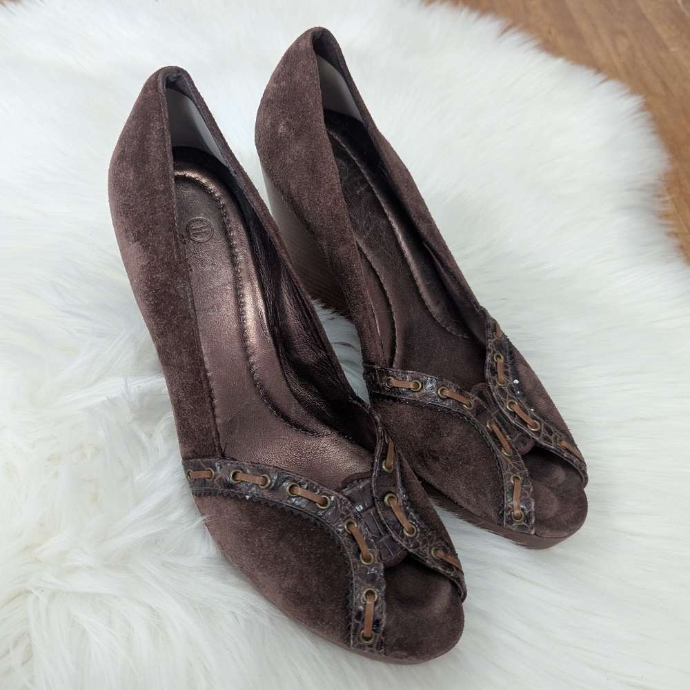 Cole Haan Jaynie Wedge Heel Dark Brown Suede With Lace Accents